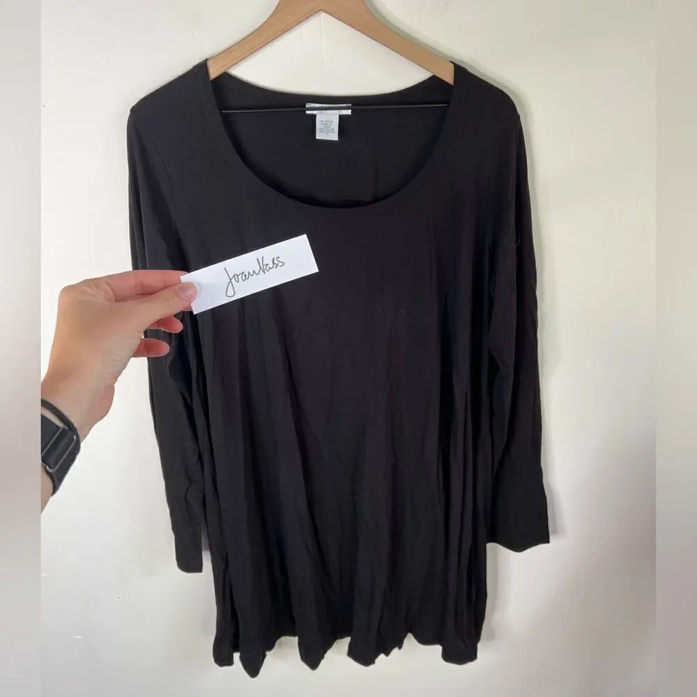 JOAN VASS Tunic Top Size 3 (US 16/18) Black NWOT Stretch Long Sleeve Scoop Neck